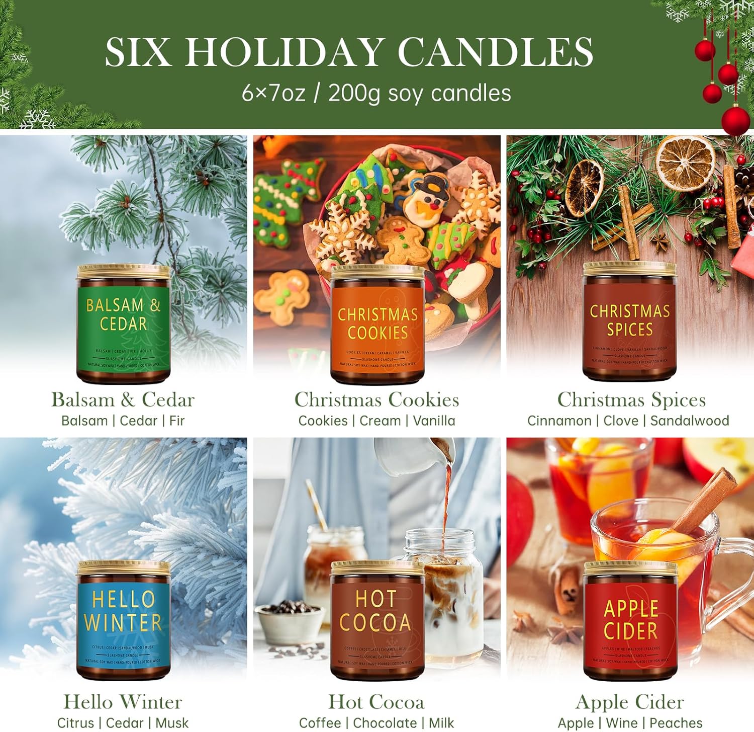 Christmas & Winter Candle Gift Set, 6 Pack 7oz Soy Scented Candles for Home, Holiday & Birthday Gift for Women & Men, Balsam Cedar, Christmas Cookies & Spices, Apple Cider, Hot Cocoa & Hello Winter