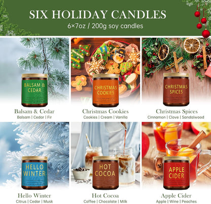 Christmas & Winter Candle Gift Set, 6 Pack 7oz Soy Scented Candles for Home, Holiday & Birthday Gift for Women & Men, Balsam Cedar, Christmas Cookies & Spices, Apple Cider, Hot Cocoa & Hello Winter