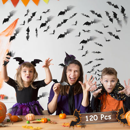 tgosomt Bats Wall Decor,120 Pcs 3D Bat Halloween Decoration Stickers, Waterproof Black 4 Size Bats for Hoom and Room Décor