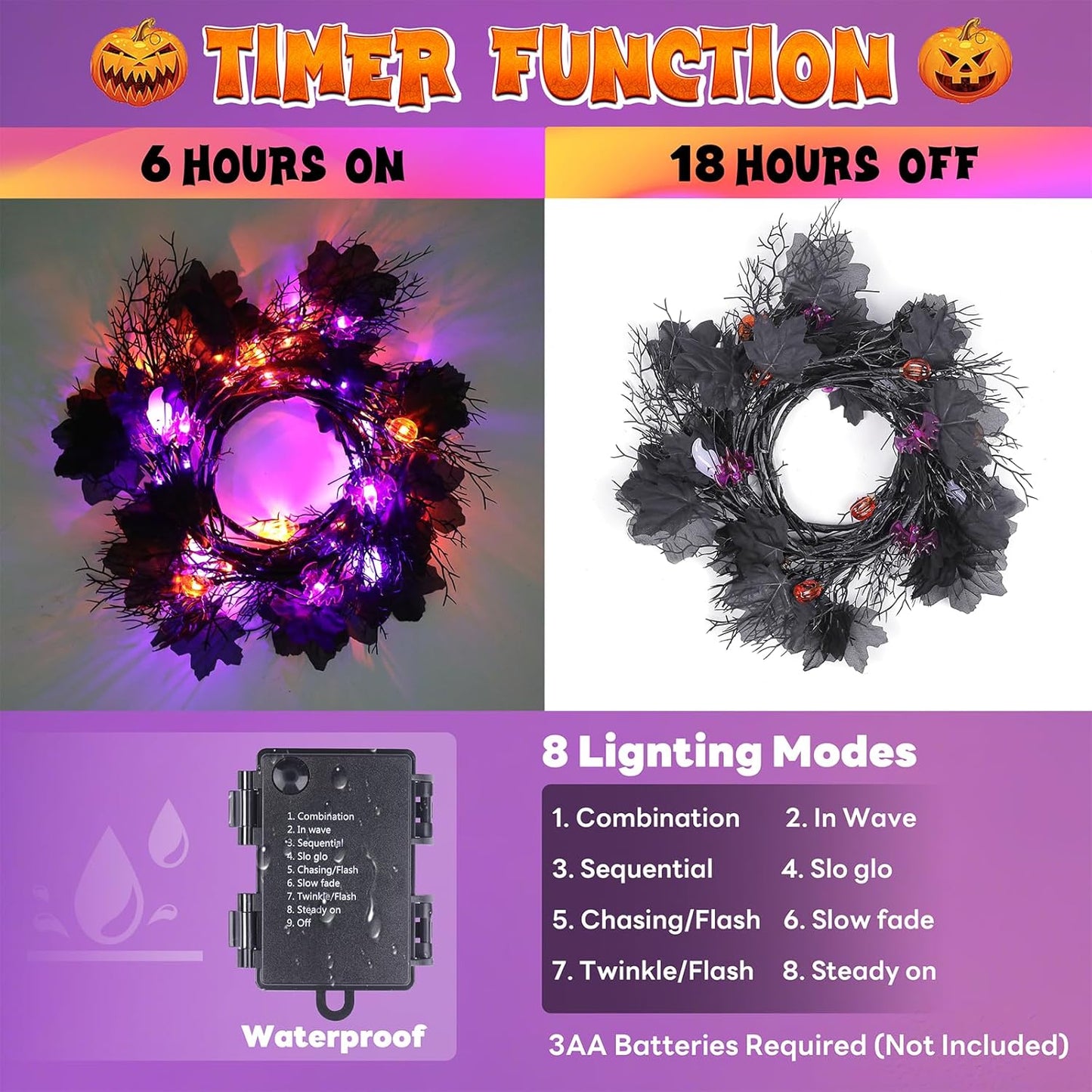 kuaima Halloween Light up Garland with 54 Purple and Orange LED Lights, 6.56 FT Lighted Willow Vine Twig Battery Operated for Indoor Decor, 8 Modes with Timer Function