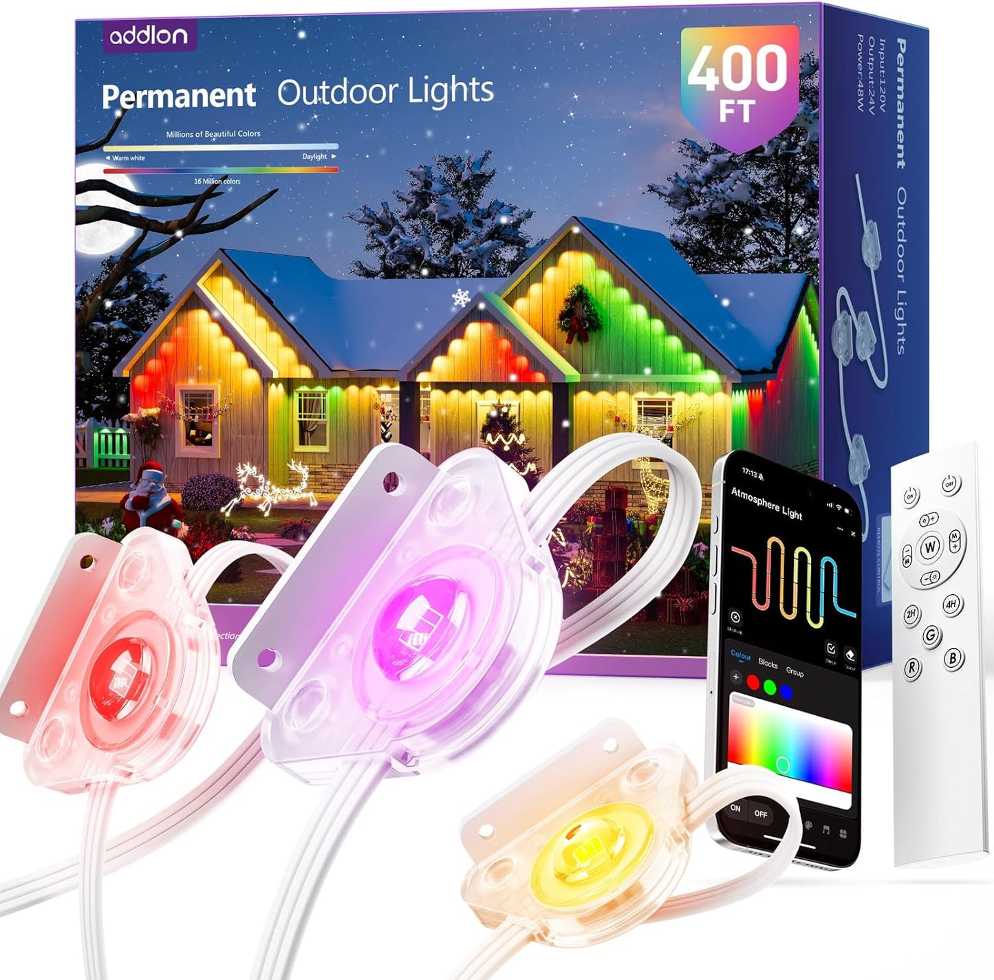 addlon 400FT(200FT*2) Permanent Outdoor Lights, Smart RGB+IC LED Lights for House & Outdoor Decor, App & Remote Control, DIY Scene Modes, IP67 Waterproof for Christmas, Holiday, Party Decorations