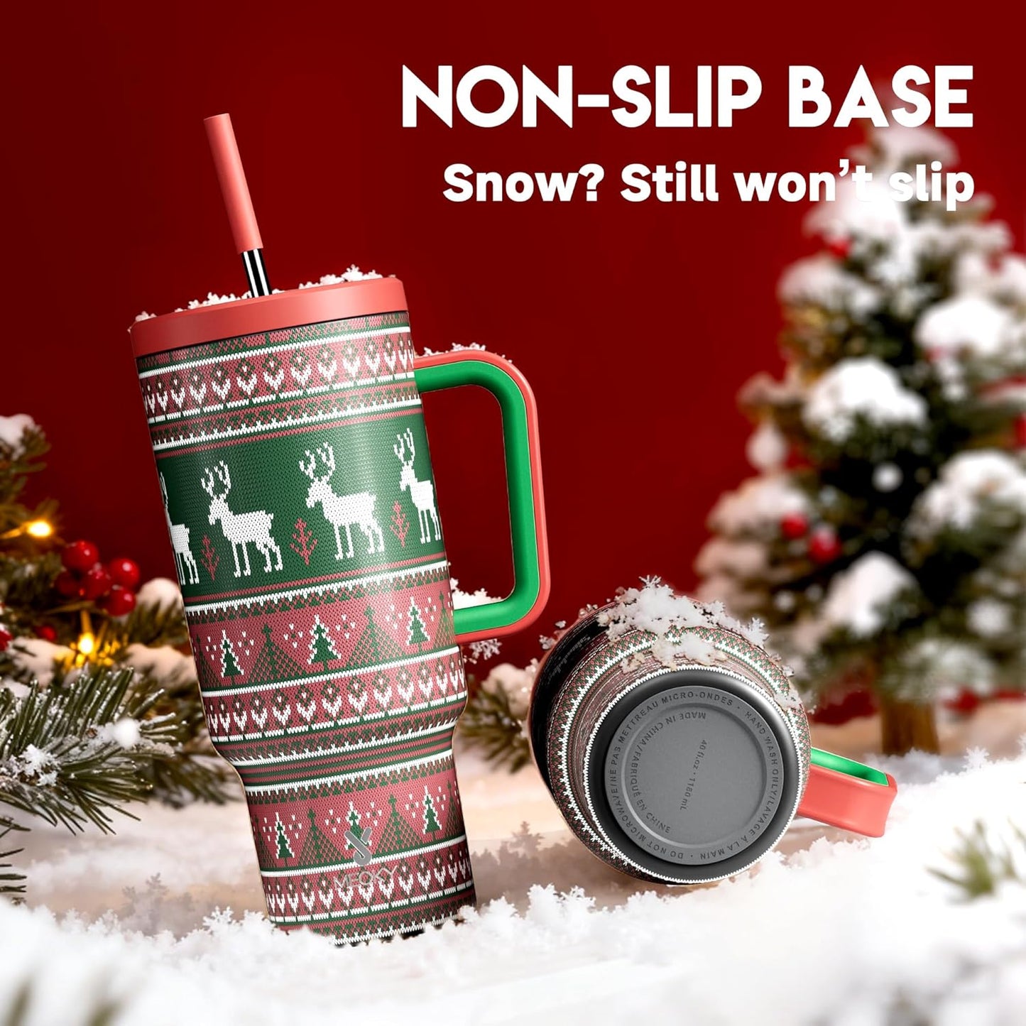 Meoky 40 oz Christmas Tumbler with Handle and Straw, Xmas Tumbler with Lid and Straw, Insulated Stainless Steel Travel Mug, Christmas Gifts for Women Men Adults (Jolly Reindeer)