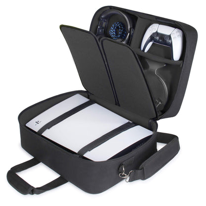 USA Gear PS5 Carrying Case - Travel Bag Compatible with PlayStation 5, PS5 Slim with Adjustable Interior - Shoulder Travel Case for Dualsense Controllers, Playstation 5 Games, Accessories