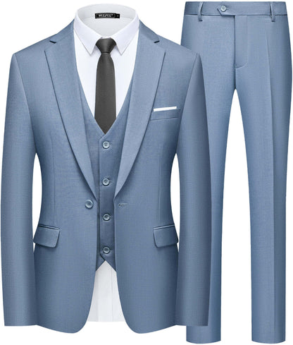 WULFUL Men’s Slim Fit Suit One Button 3-Piece Blazer Dress Business Wedding Party Jacket Vest & Pant