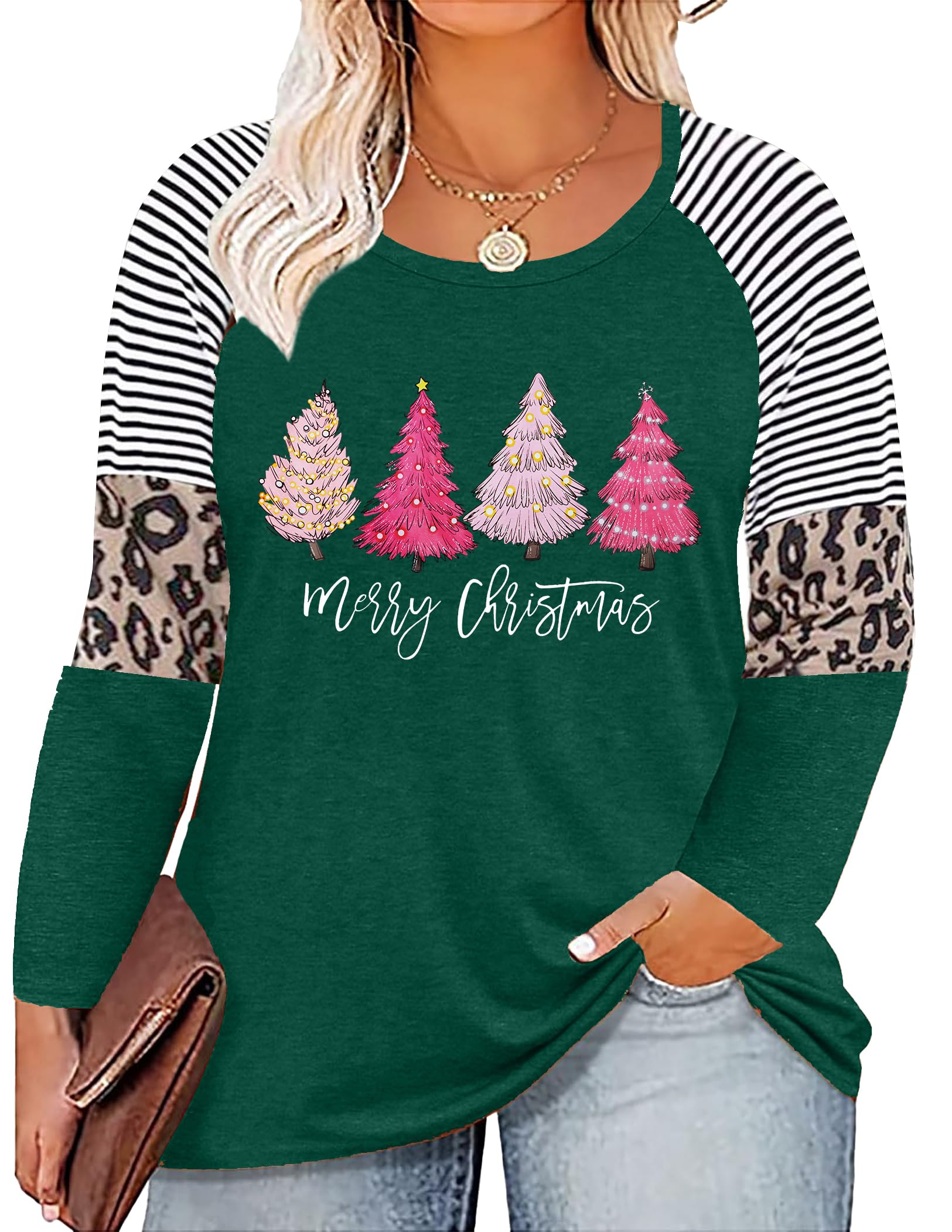 Plus Size Christmas T Shirt Women Xmas Leopard Plaid Trees Print Tees Casual Long Sleeve Holiday Shirts Top