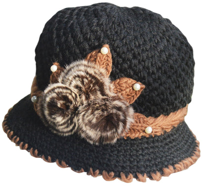 French Thicken Women's Flowers Knitted-Woolen-Hat Fashion Beanie-Hat Lady Crochet-Bucekt-Hat for Winter