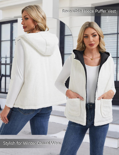 YUCOLEN Womens Puffer Vest Reversible Hooded Fleece Coat Quilted Zip Up Sleeveless Jacket Winter Outerwear with Pockets