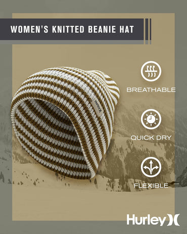 Hurley Women's Billie Beanie Hat - Medium Fit Cable Knit with Jacquard Stripes and Cuff - Winter Hats for Women