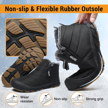 Snow Boots Mens Waterproof Winter Boots Fur Lined Warm Ankle Boots Zipper Closure Slip on Outdoor Boot Comfortable Walking Shoes
