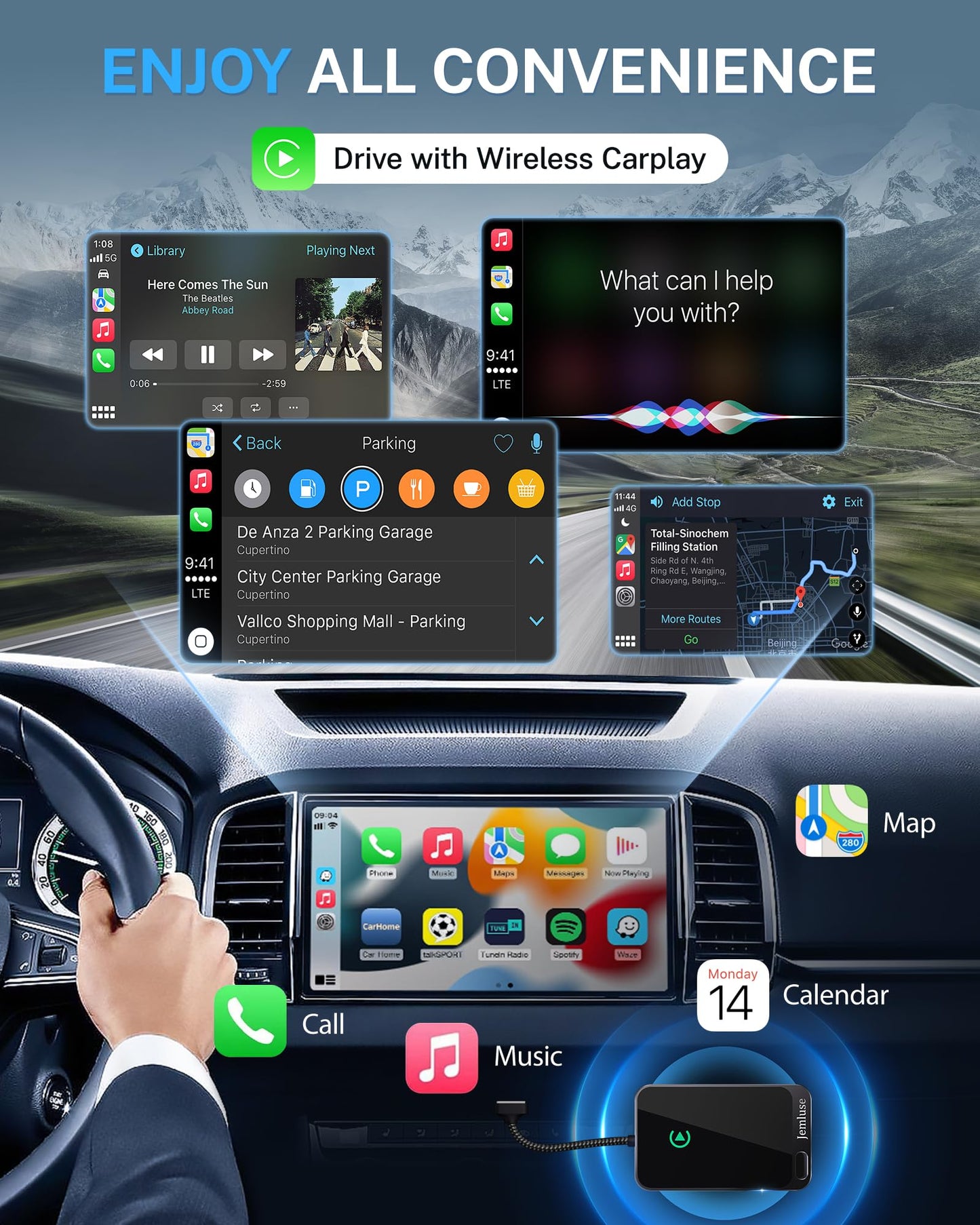Jemluse Wireless CarPlay Adapter for Apple iPhone - Multi-User Seamless Connection for Convert Wired to Wireless Car Play Adapter - No Latency from iOS 10+ to Screen w/USB C (Gray)