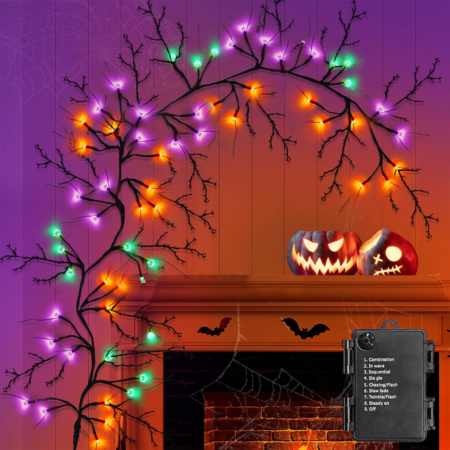 9 FT 72 LED Halloween Decorations Willow Vine Twig Decor with Orange Purple Lights and Dead Branches Black Leaves -Battery Operated 8 Modes for Indoor Wall Fireplace Halloween Decorations