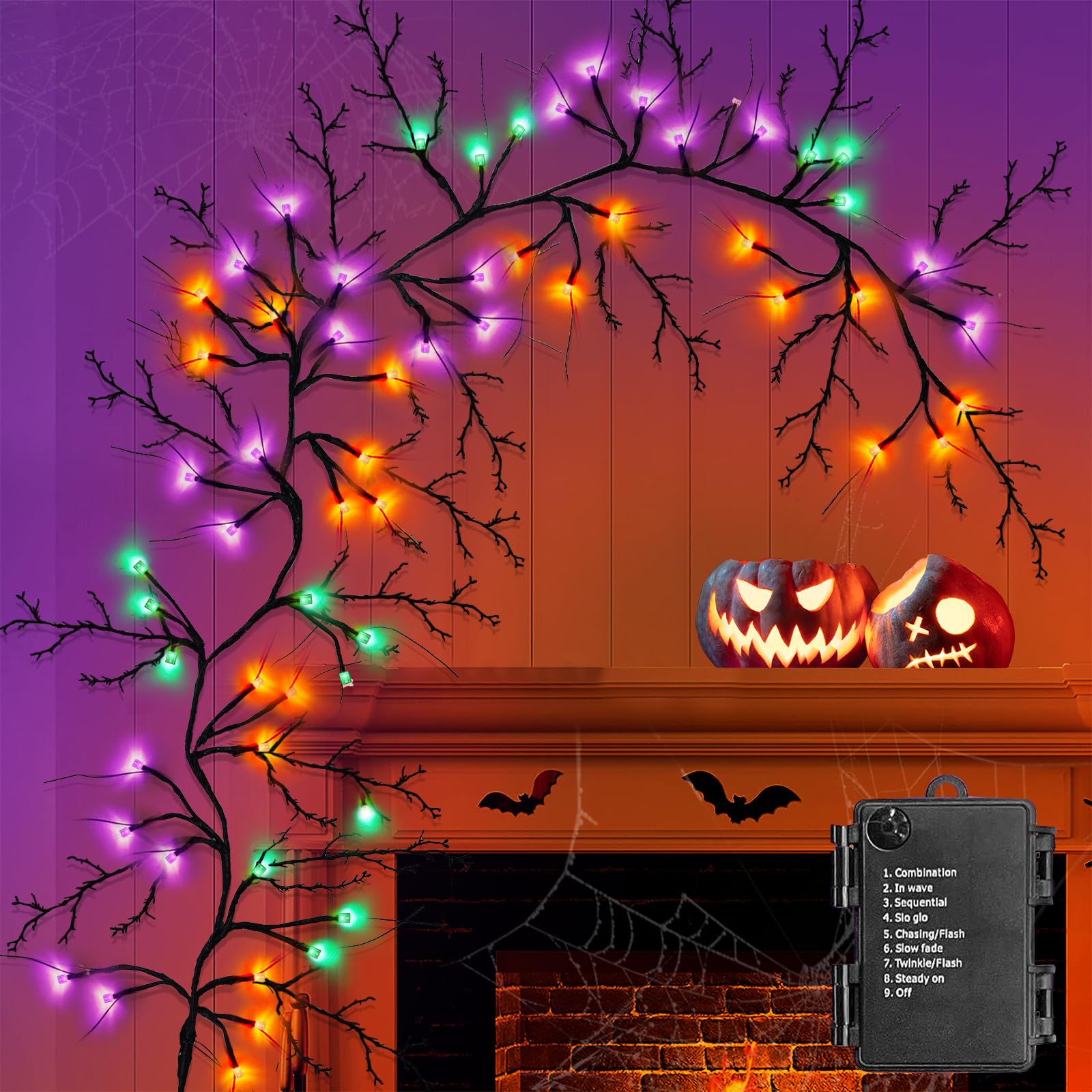 9 FT 72 LED Halloween Decorations Willow Vine Twig Decor with Orange Purple Lights and Dead Branches Black Leaves -Battery Operated 8 Modes for Indoor Wall Fireplace Halloween Decorations