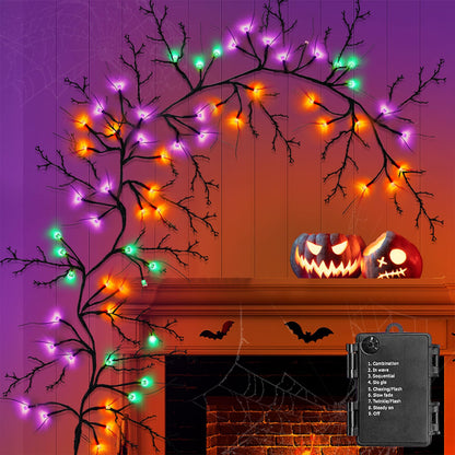 9 FT 72 LED Halloween Decorations Willow Vine Twig Decor with Orange Purple Lights and Dead Branches Black Leaves -Battery Operated 8 Modes for Indoor Wall Fireplace Halloween Decorations