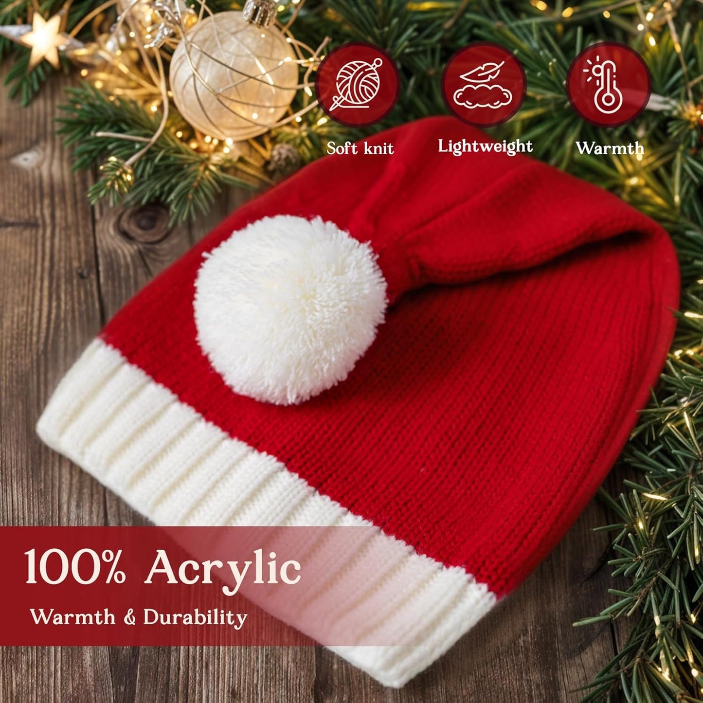Santa Hat Christmas Hat Xmas Adult Women Men Washable Fade-restant Knitted Soft Warm Long