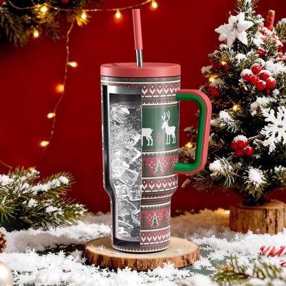 Meoky 40 oz Christmas Tumbler with Handle and Straw, Xmas Tumbler with Lid and Straw, Insulated Stainless Steel Travel Mug, Christmas Gifts for Women Men Adults (Jolly Reindeer)
