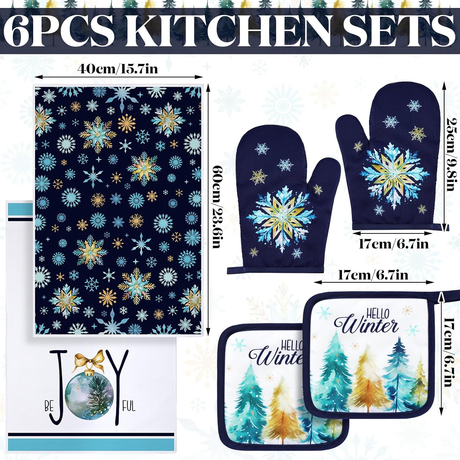 Bencailor 6 Pcs Christmas Kitchen Towel Oven Mitts and Pot Holders Set Xmas Theme Dish Towels Heat Resistant Oven Gloves for Summer Kitchen Cooking Baking Grilling(Colorful Christmas Tree Theme)