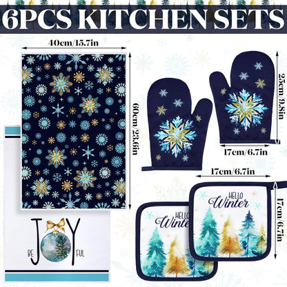 Bencailor 6 Pcs Christmas Kitchen Towel Oven Mitts and Pot Holders Set Xmas Theme Dish Towels Heat Resistant Oven Gloves for Summer Kitchen Cooking Baking Grilling(Colorful Christmas Tree Theme)