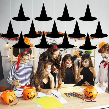 24Pcs Halloween Paper Witch Hat Hanging Decorations, Black Witch Hat Hanging Ornament for Yard Home Ceiling Wall Tree Decor, Spooky Paper Witch Hats Backdrop for Halloween Party Supplies