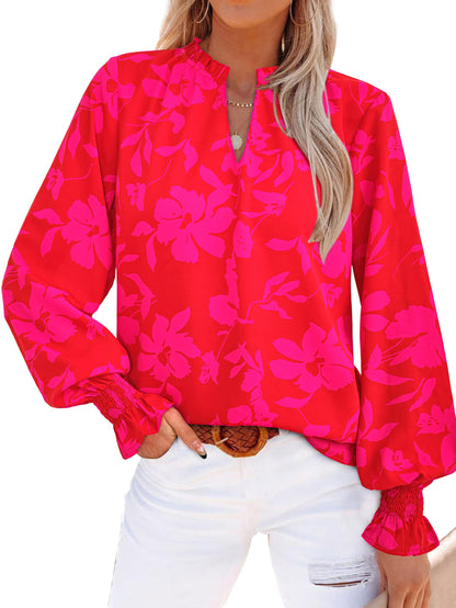 MASCOMODA Womens V Neck Floral Long Sleeve Tops 2025 Summer Casual Loose Puff Sleeve Chiffon Boho Work Blouse Dressy T Shirts