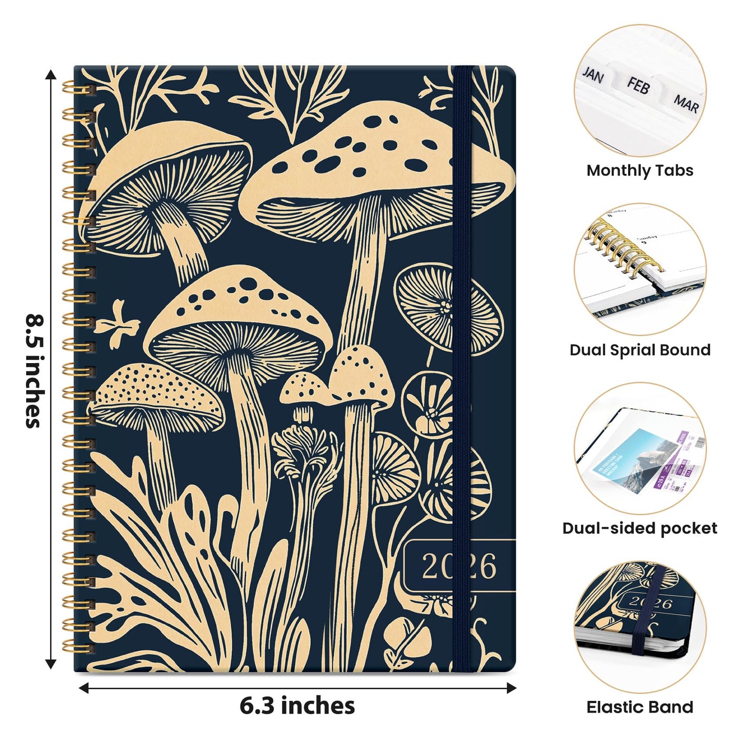 Hardcover 2026 Planner, Weekly and Monthly Calendar, Jan - Dec 2026 Planner Book with Tabs for Women, Inner Pocket, Spiral Bound, Perfect for Office/Home/School Supplies, Petals, A5, 6.3" x 8.5"