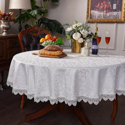 White Round Tablecloth Jacquard Table Cloth with Exquisite Lace Border Farmhouse Tablecloths Fall for Dining Wedding Coffee Outdoor Indoor Party Holiday Tabletop Use (White, 70 Inches Round)