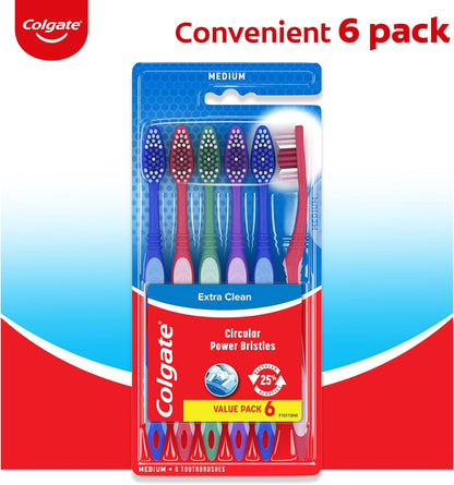 Colgate Extra Clean Toothbrush, Medium Bulk Toothbrush Pack, Adult Medium Bristle Toothbrushes with Ergonomic Handle and Circular Cleaning Bristles, Helps Remove Surface Stains, 6 Pack