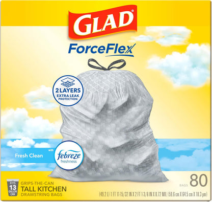 Glad ForceFlex Drawstring Trash Bags, 13 Gallon, Fresh Clean, 80 Count (Package May Vary)