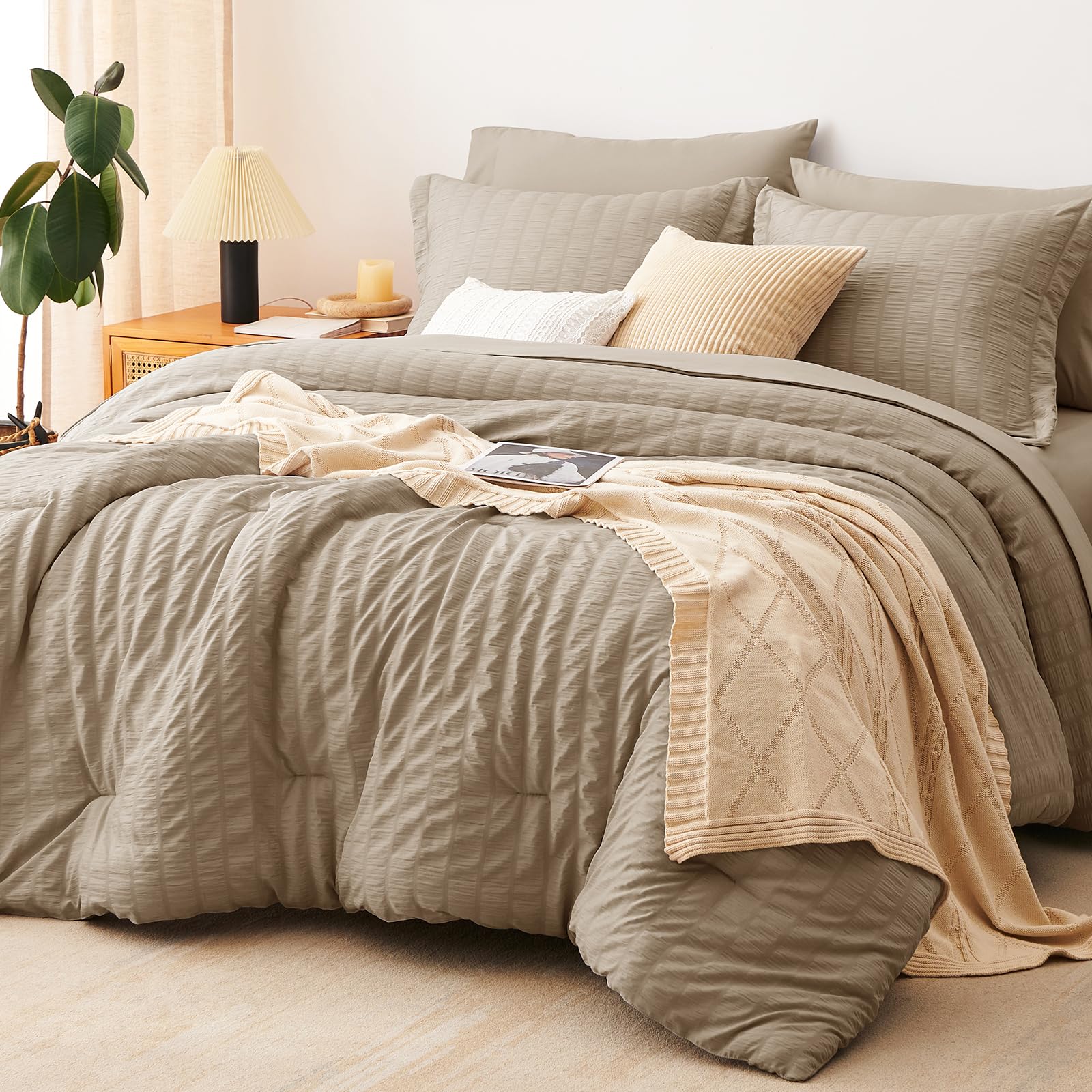 CozyLux Queen Comforter Set White Seersucker 7 Pieces Bed in a Bag Queen Comforter Set with Sheets, Luxury Soft Bedding Set with Down Alternative Comforter, Sheets, Pillowcases & Shams for All Seasons