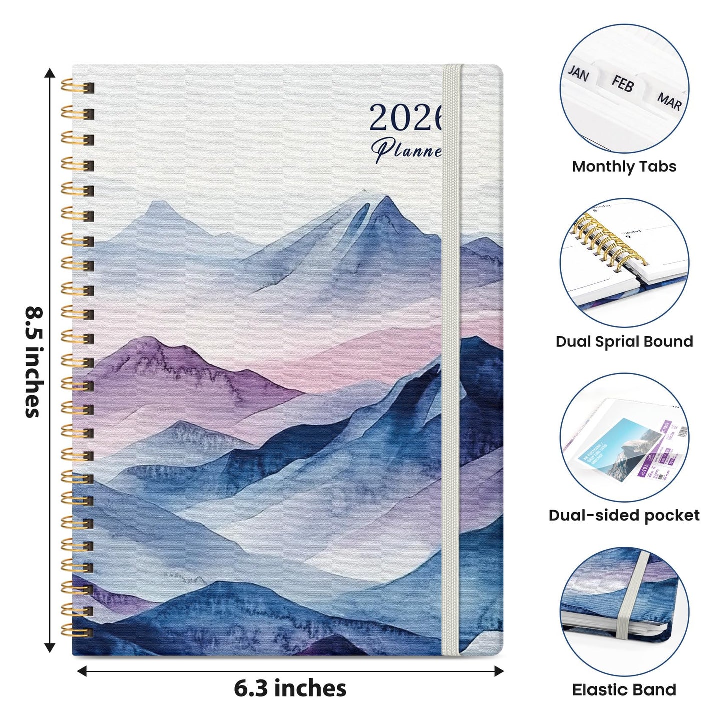 Hardcover 2026 Planner, Weekly and Monthly Calendar, Jan - Dec 2026 Planner Book with Tabs for Women, Inner Pocket, Spiral Bound, Perfect for Office/Home/School Supplies, Petals, A5, 6.3" x 8.5"