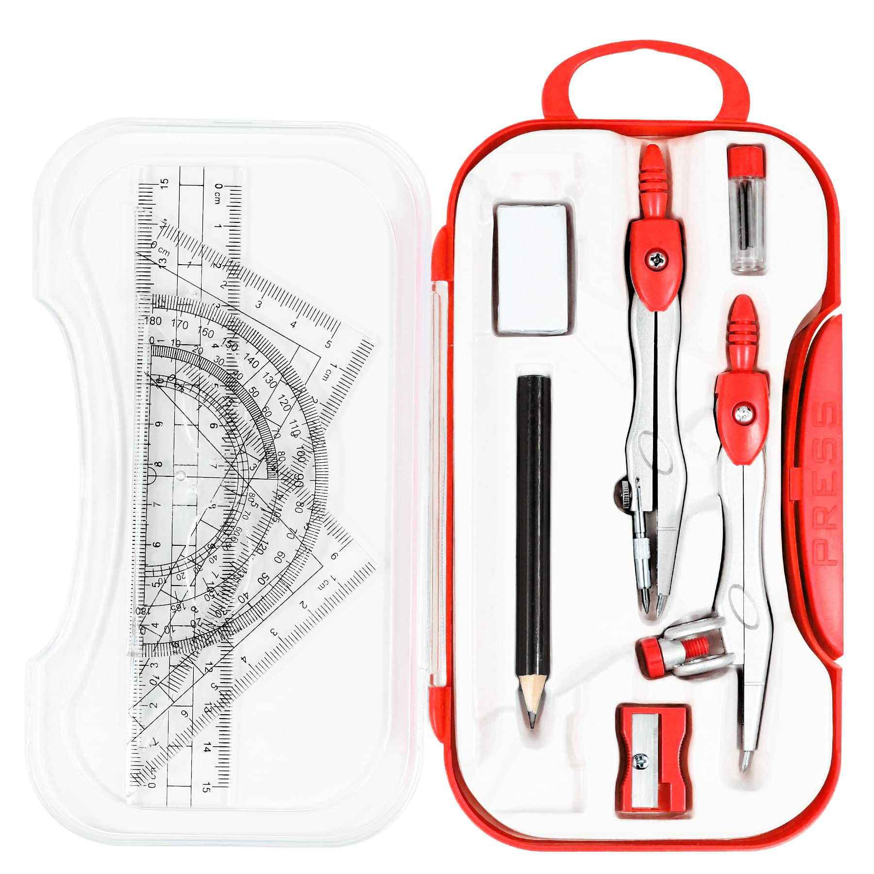 Math Geometry Kit Sets 10 Piece Student Supplies with Shatterproof Storage Box,Includes Rulers,Protractor,Compass,Eraser,Pencil Sharpener,Lead Refills,Pencil,for Drafting and Drawings（Green）