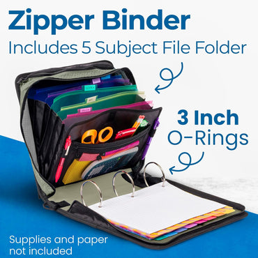Case-it Mighty Zip Tab School Zipper Binder | 3-Inch O-Rings, 600-Sheet Capacity, 5-Subject Expanding File Folder, Multiple Pockets & Storage Organizer, Shoulder Strap | D-146 Fun Flowers