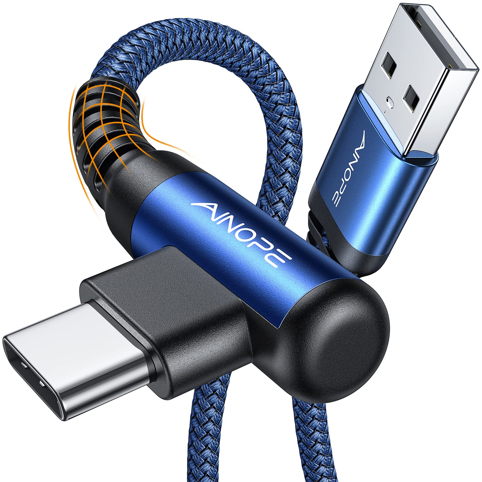 AINOPE USB C Cable [2-Pack, 6.6ft] 3.1A Type C Charger Fast Charging, Right Angle USB to USB C Cable Braided USBC Charger for Galaxy S10+ S10 S9, Note 10 9, LG V30, Moto, iPhone 16 15 Cord Type C