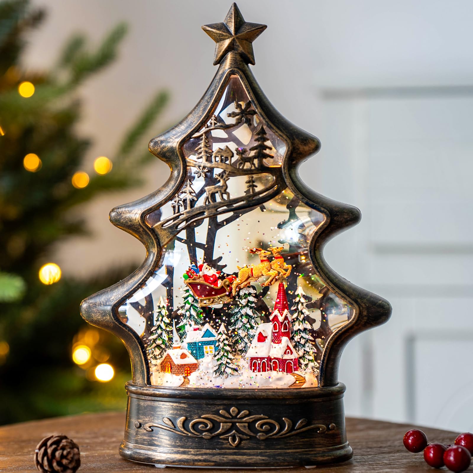 Christmas Snow Globes Christmas Water Lantern with Snowy Train Snowman, Music & 6H Timer, USB Lined/Battery Operated Lighted Lanterns for Xmas Festival Decoration Gifts