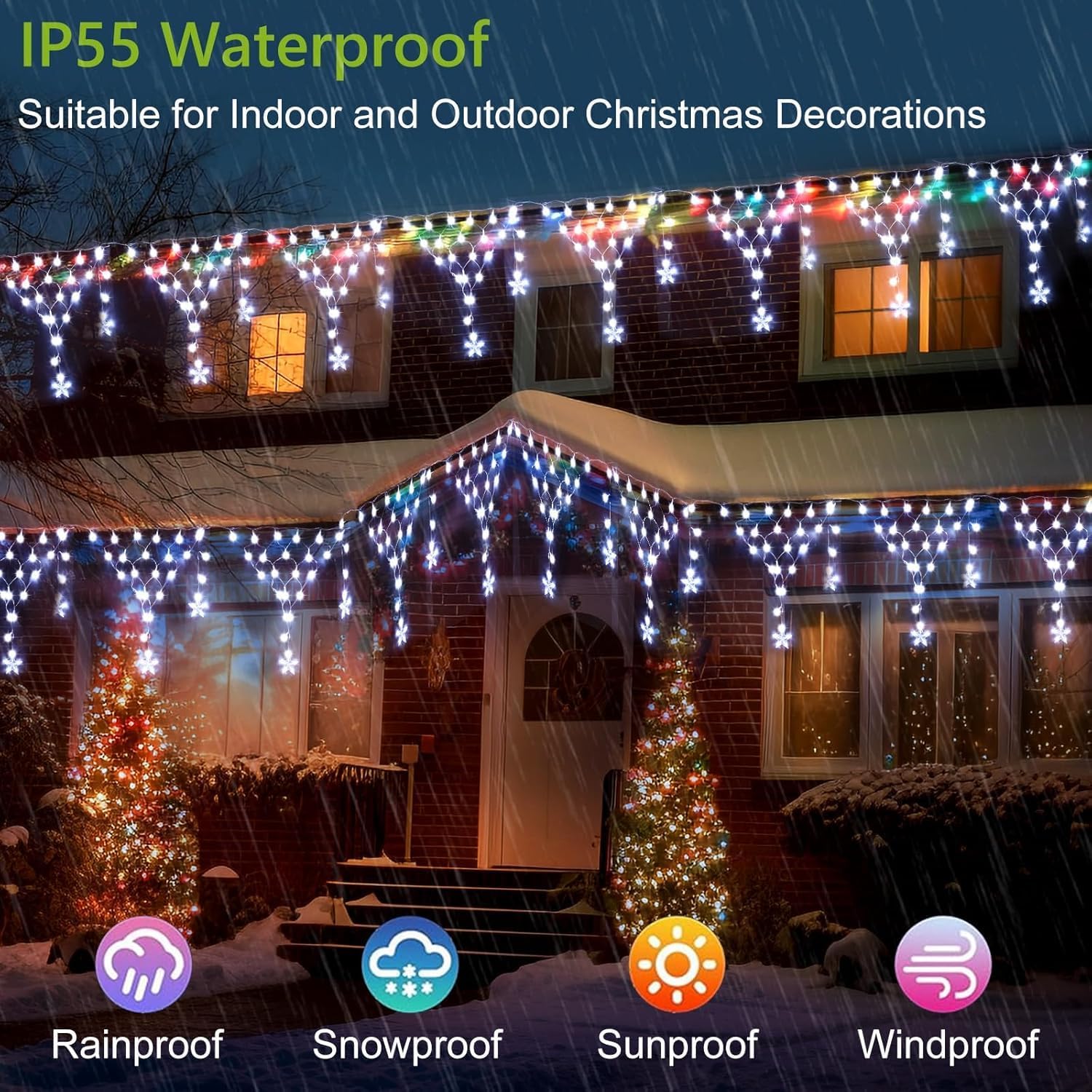 Outdoor Christmas Decorations Lights 13.8ft 200 LED Christmas Lights with 12 Stars,Dimmable Curtain Fairy Light with 8 Modes for Wedding Party Holiday Christmas Decor(White)
