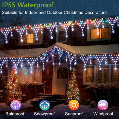 Outdoor Christmas Decorations Lights 13.8ft 200 LED Christmas Lights with 12 Stars,Dimmable Curtain Fairy Light with 8 Modes for Wedding Party Holiday Christmas Decor(White)
