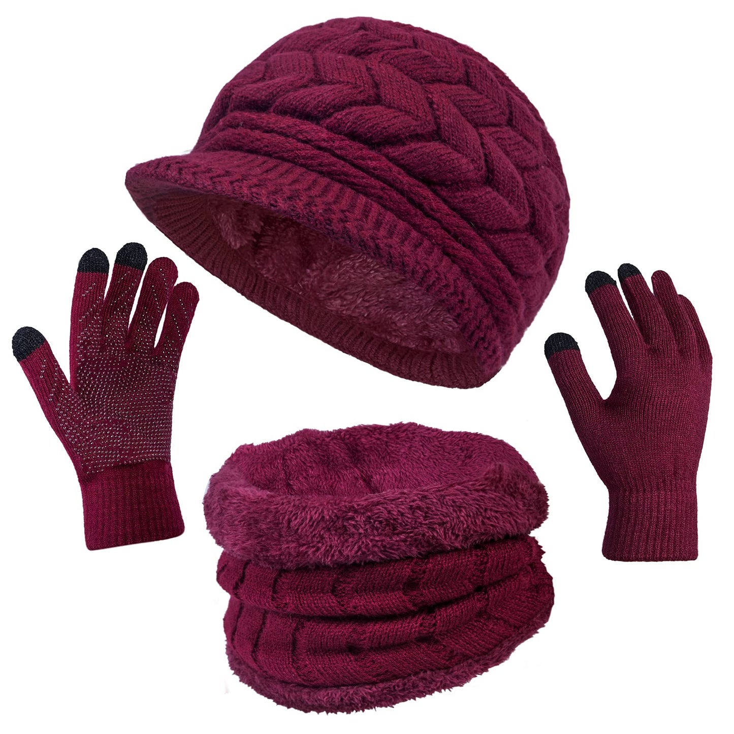 3-Pieces Winter Hat Gloves Scarf Set, Knit Warm Beanie Hat Neck Warmer Touch Screen Mittens for Women