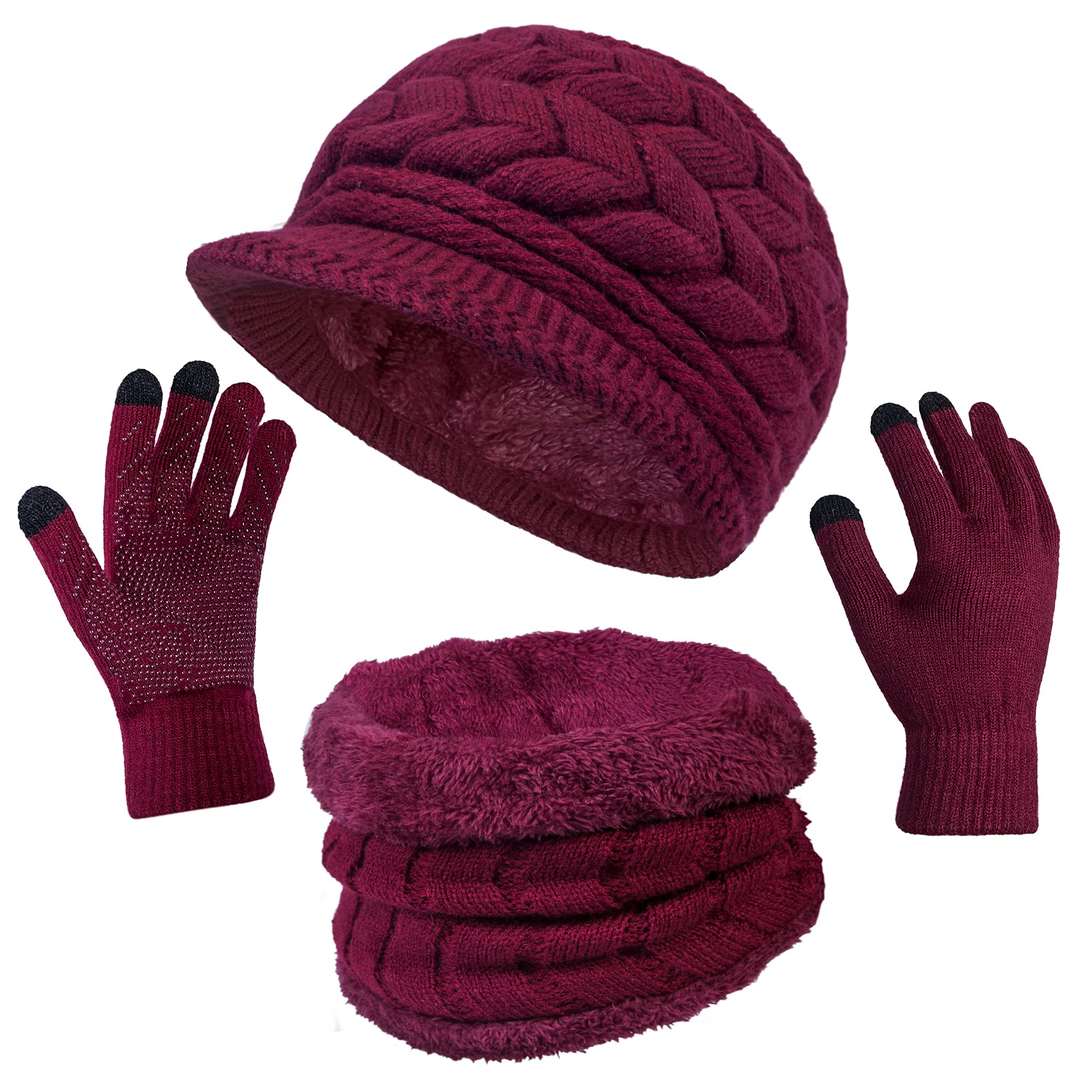 3-Pieces Winter Hat Gloves Scarf Set, Knit Warm Beanie Hat Neck Warmer Touch Screen Mittens for Women