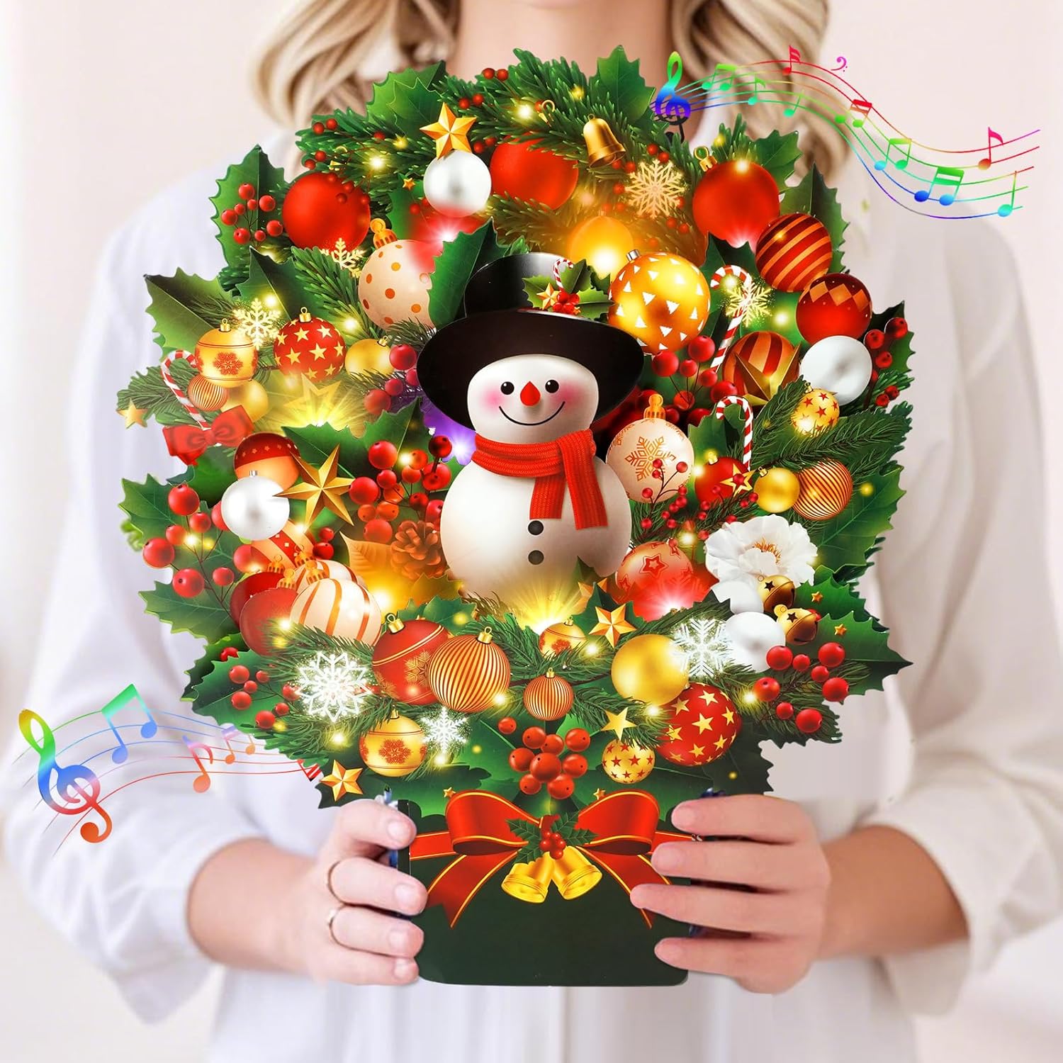 Christmas Cards with Lights and Music, Christmas Bouquet with Snowman, Popup Musical Greeting Card for Holiday New Year