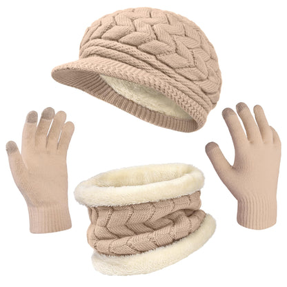 3-Pieces Winter Hat Gloves Scarf Set, Knit Warm Beanie Hat Neck Warmer Touch Screen Mittens for Women