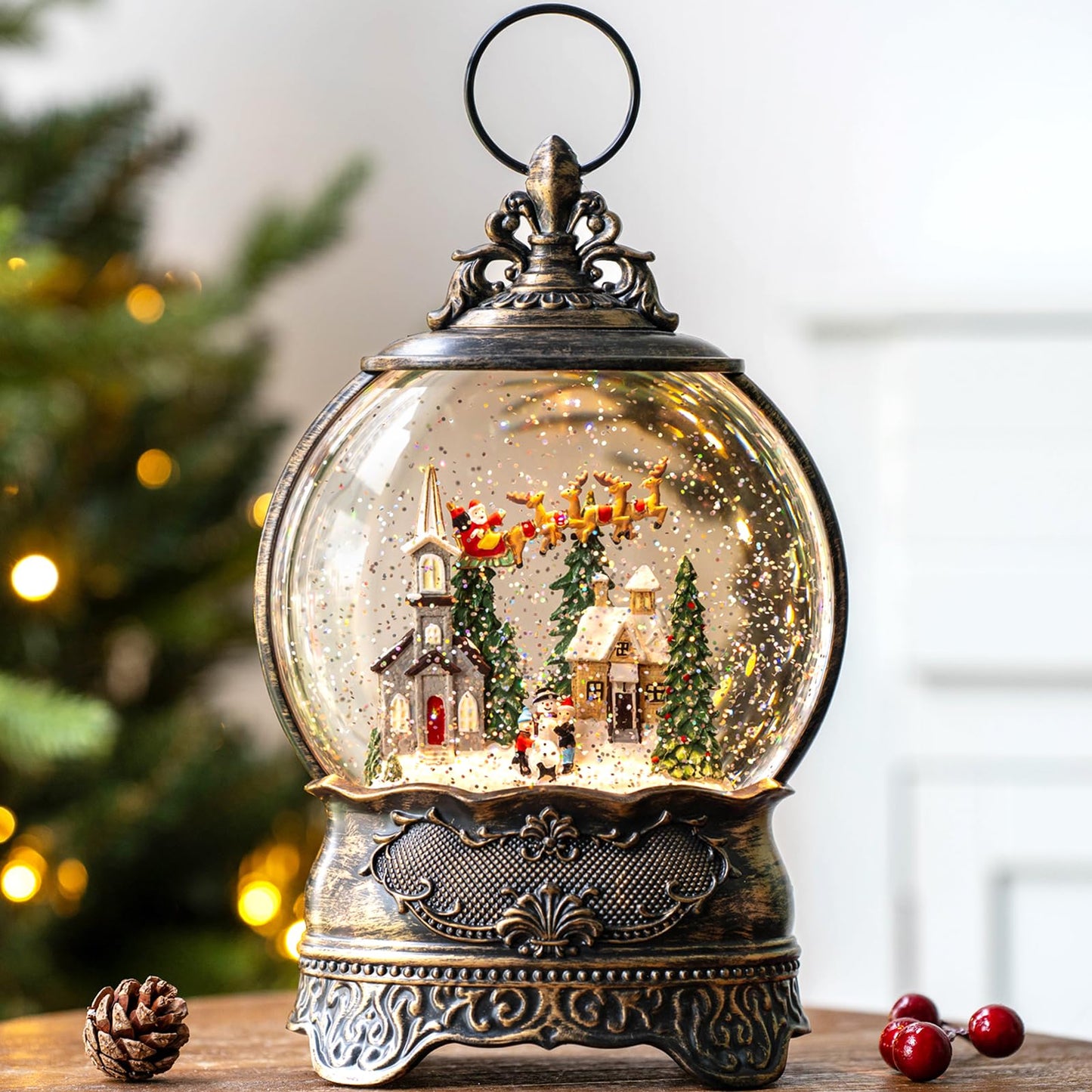 Christmas Snow Globes Christmas Water Lantern with Snowy Train Snowman, Music & 6H Timer, USB Lined/Battery Operated Lighted Lanterns for Xmas Festival Decoration Gifts