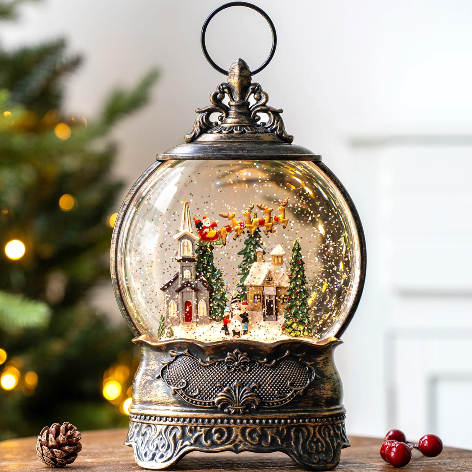 Christmas Snow Globes Christmas Water Lantern with Snowy Train Snowman, Music & 6H Timer, USB Lined/Battery Operated Lighted Lanterns for Xmas Festival Decoration Gifts