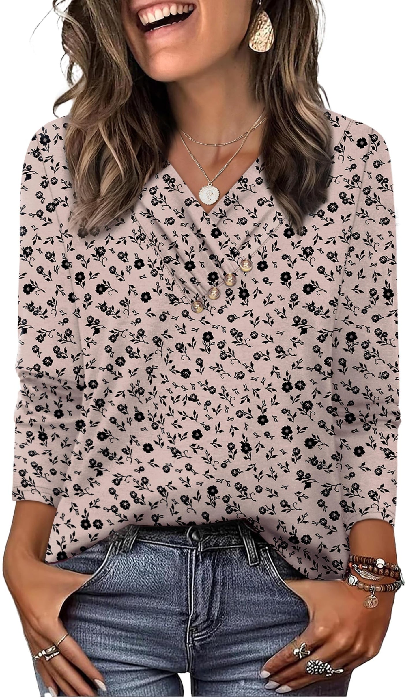 WIHOLL Long Sleeve Shirts for Women Fall Outfits V Neck T Shirts Button Down Tunic Tops Fashion Clothing