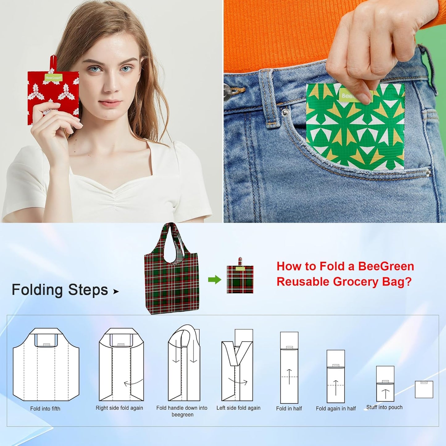 BeeGreen Christmas Reusable Gift Bags,6 Pack Large Holiday Tote Foldable Cloth Bag for Women, Cute Grocery Storage for Xmas Gifts Market Shopping, Washable Collapsible Reusable Bags with Handles​