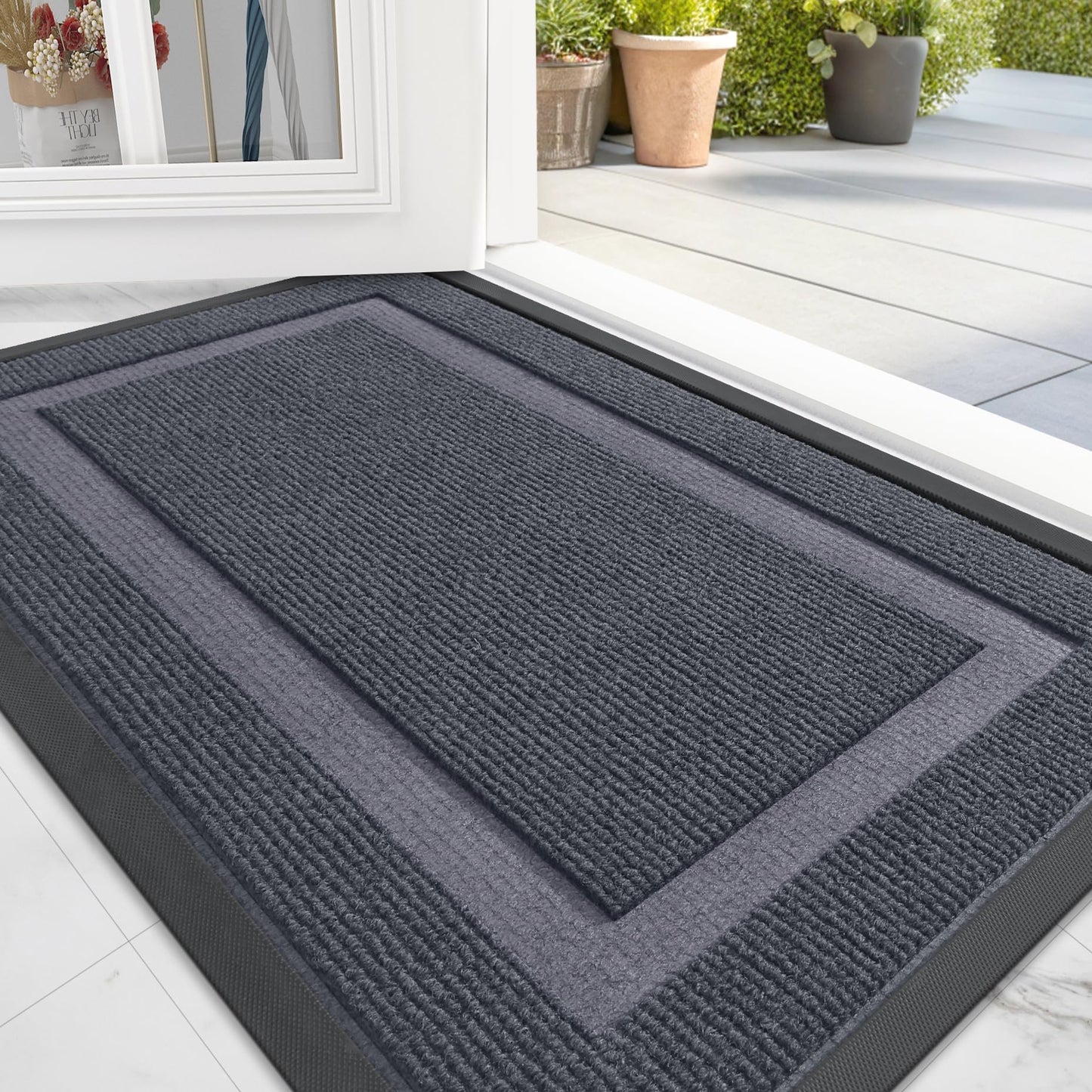 OLANLY Front Door Mat Indoor Outdoor Entrance, Waterproof All-Season, All-Weather Doormat, Sturdy Natural Rubber, Fade Resistant, Low Profile, Easy Clean Patio Porch Entryway Mat, 29.5x17, Black
