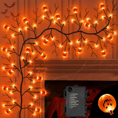 7 Ft Halloween Decorations Willow Vine Twig Garland with 8 Modes Timer 63 LED Orange Purple Lights, Halloween Garland with Waterproof Battery Operated for Wall Fireplace Decorations Indoor Outdoor
