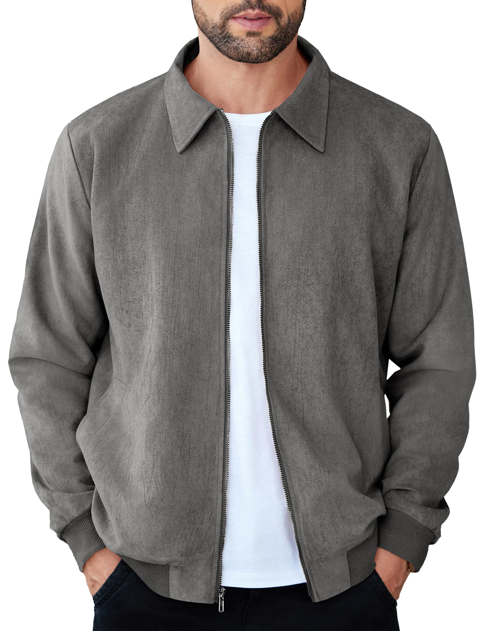 COOFANDY Men's Casual Suede Bomber Jacket Lightweight Full Zip Up Jackets Vintage Faux Leather Jacket