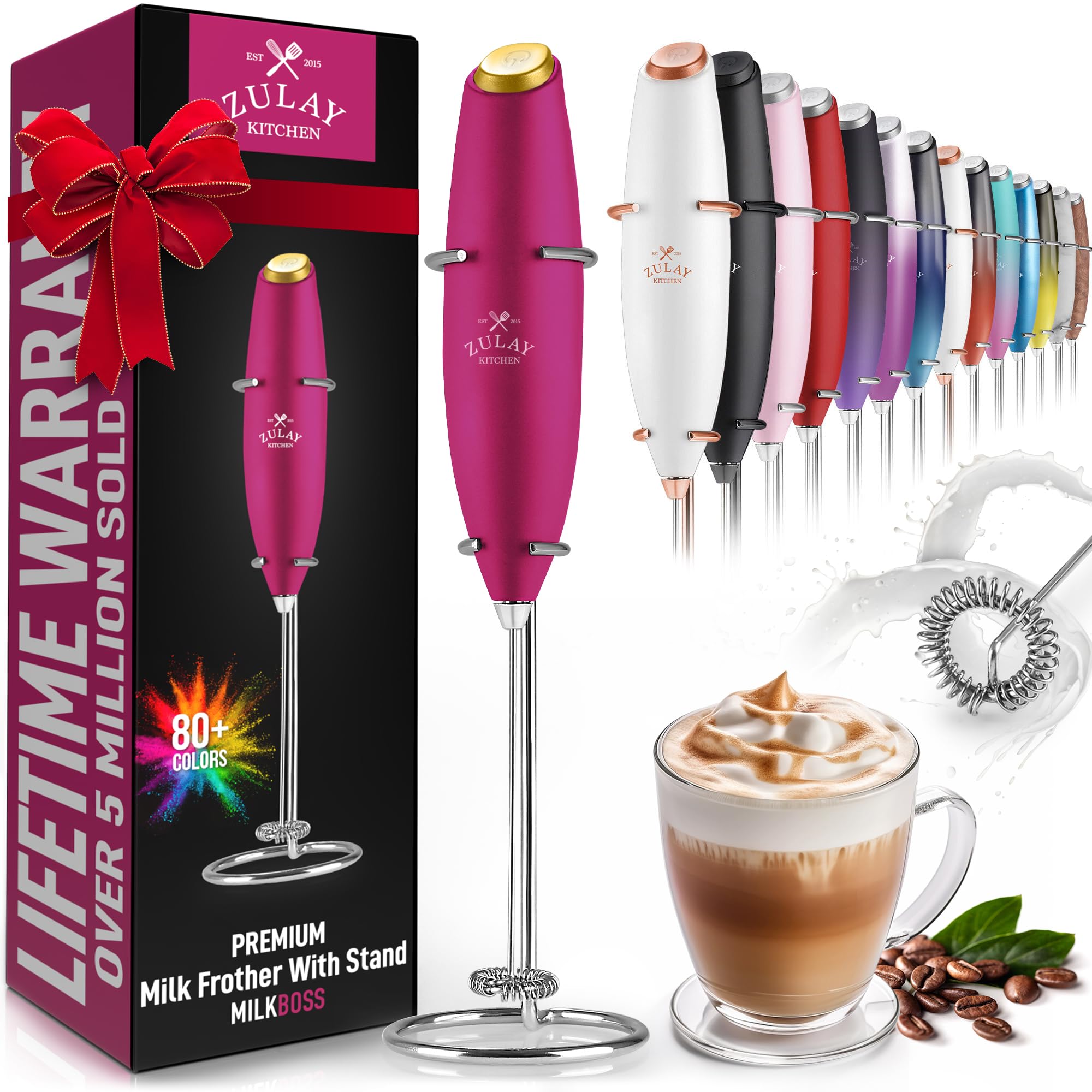Zulay Kitchen Powerful Milk Frother Wand With 2 Duracell Batteries - Ultra Fast Handheld Drink Mixer - Electric Whisk Foam Maker for Coffee, Lattes, Cappuccino, Matcha, Hot Chocolate & Creamer - Black