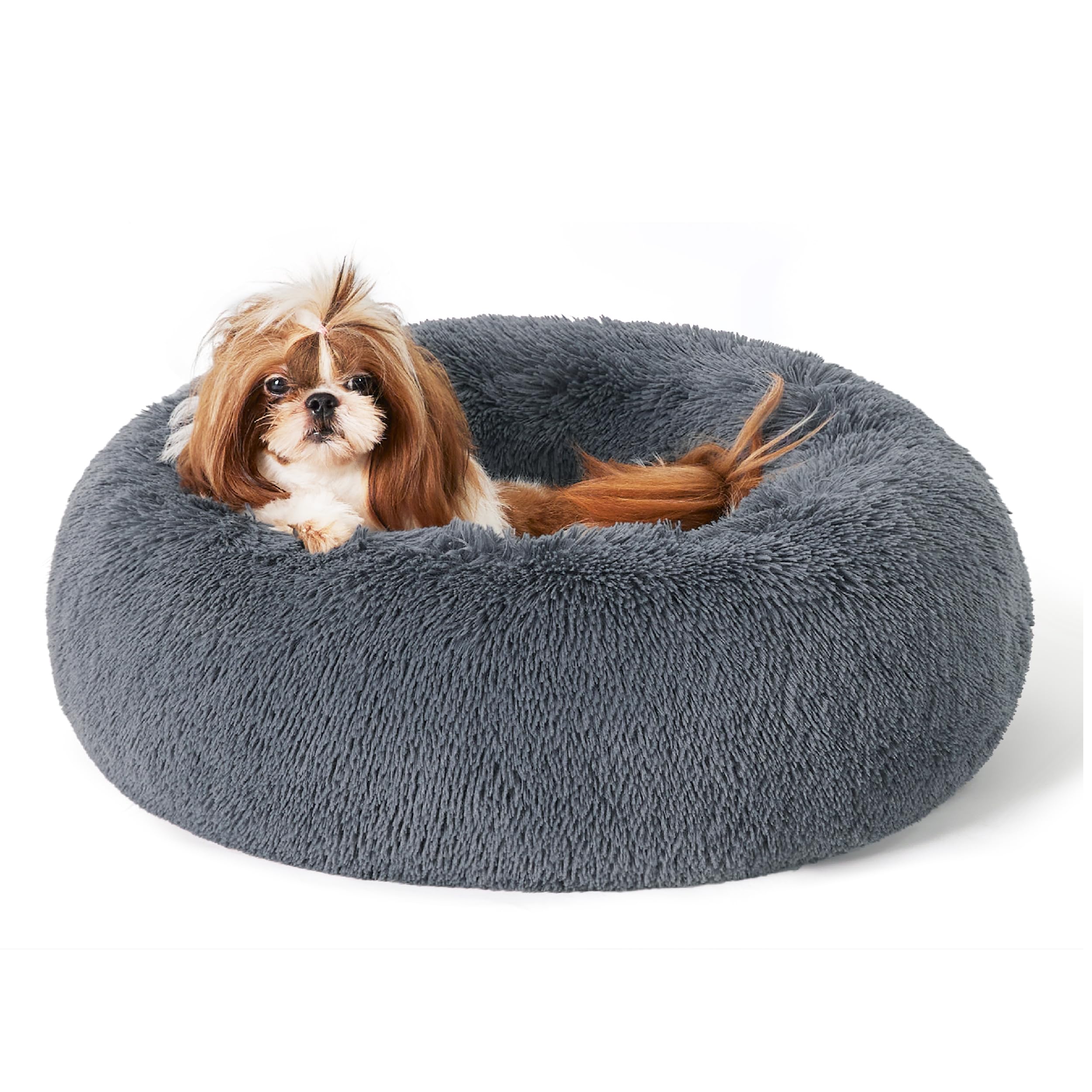 Bedsure Calming Dog Bed for Small Dogs - Donut Washable Small Pet Bed, 23 inches Anti-Slip Round Fluffy Plush Faux Fur Large Cat Bed, Fits up to 25 lbs Pets, Camel