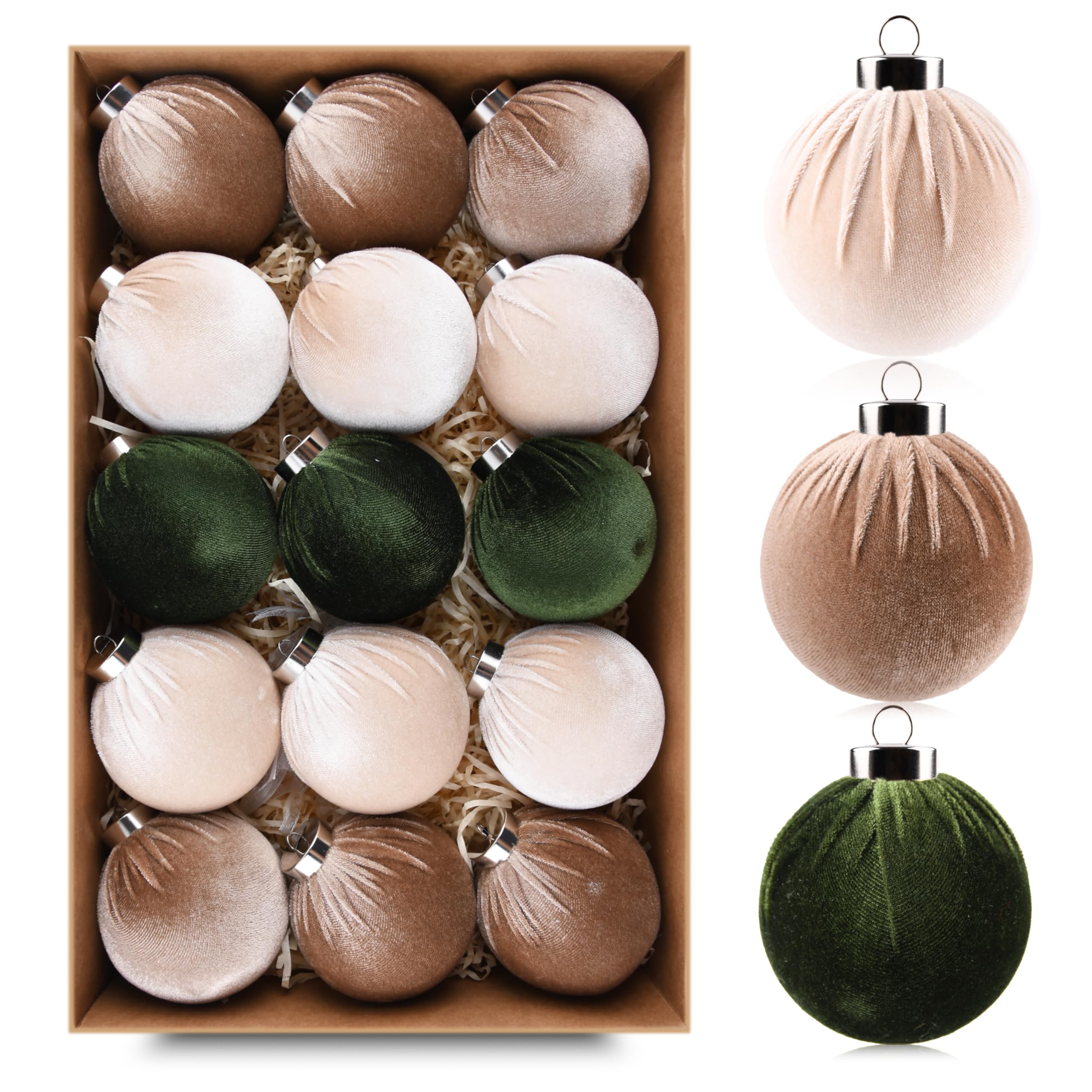 Brown Velvet Christmas Tree Ornaments - 15pcs Shatterproof Christmas Balls for Xmas Trees Decorations - Multicolor Brown Neutral Beige, 80mm 3.15inch