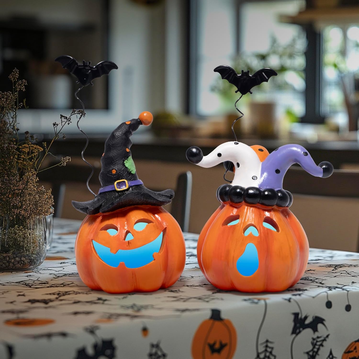 Hodao Halloween Pumpkin Decor Indoor, Resin Halloween Figurines with Light, Jack O Lantern Decorations with Witch Hat & Flying Bat for Home Bedroom Table Office Party Gift - 2 Pcs